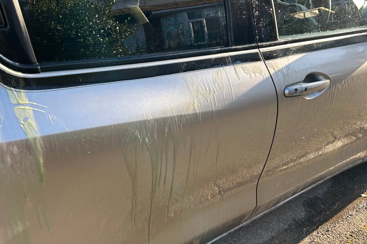 Paint-stripper type liquid can be seen on the windows and bodywork of the vandalised car in Watchet.