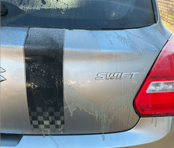 Damage to the rear of the vandalised Watchet car.