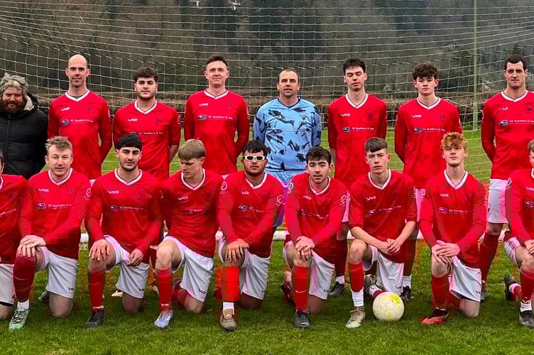 Dulverton Town in their new kit sponsored by Dan Stanbury of GC Stanbury & Son and also Mike Whittaker of Mike Whittaker Builders, back left to right: Ashley Jones (physio), James Kellard (manager), Luca Carey, Tom Blundell, Carl Hooper, Angus McDonald, Giles Brock, Dave Kellard (captain); front: Glyn Jones, Ben Mear, Romano Cary, Bobby Burke, Tommy Wilson, Jack Kelly, Ellis Thomas, Alex Jones, Lee Coutts.  
