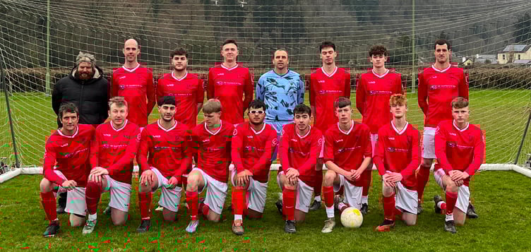 Dulverton Town in their new kit sponsored by Dan Stanbury of GC Stanbury & Son and also Mike Whittaker of Mike Whittaker Builders, back left to right: Ashley Jones (physio), James Kellard (manager), Luca Carey, Tom Blundell, Carl Hooper, Angus McDonald, Giles Brock, Dave Kellard (captain); front: Glyn Jones, Ben Mear, Romano Cary, Bobby Burke, Tommy Wilson, Jack Kelly, Ellis Thomas, Alex Jones, Lee Coutts.
