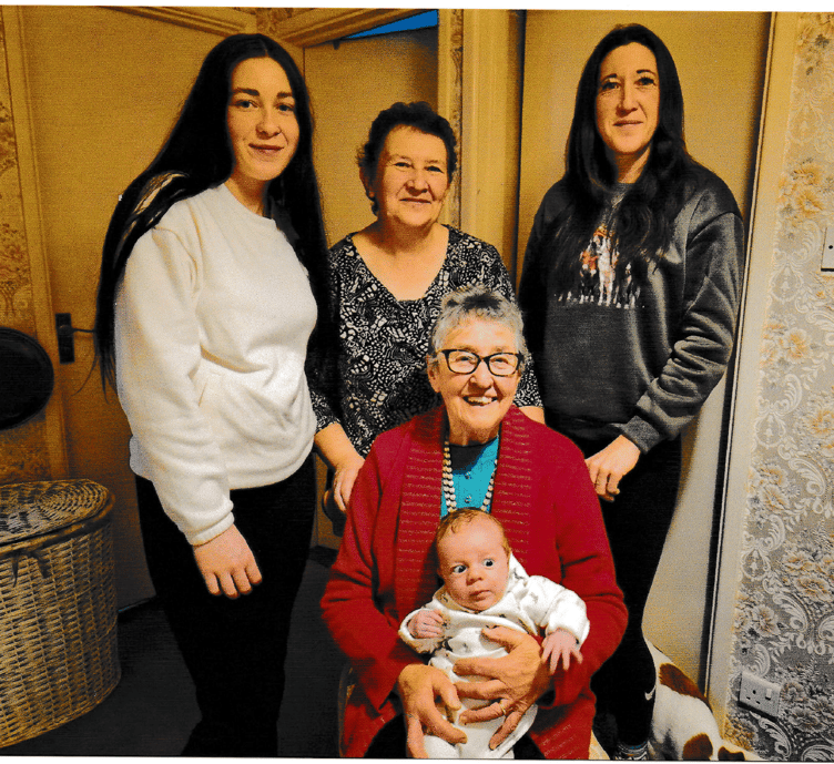 Five Exmoor generations: Baby Arlo is held by great-great grandmother Joyce Smith with (left to right) mum Holly Pennells, great-grandmother Jenny Sleep, and grandmother Jo Sleep. PHOTO: Samantha Hill.
