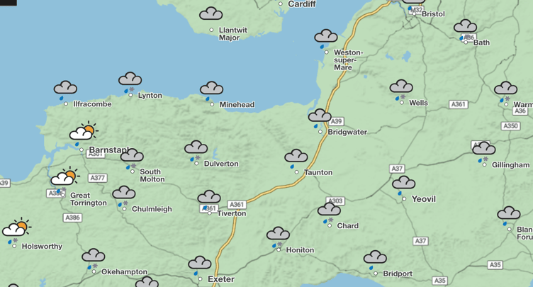 Map of where sleet will fall across Somerset at 4pm