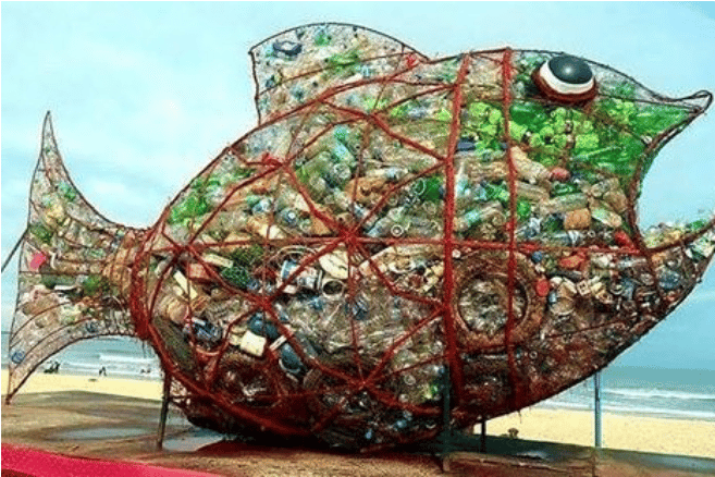 This plastic-collecting beach fish sculpture was designed by a businessman in Cornwall.