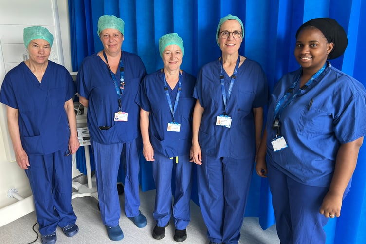 Minehead Hospital theatre staff (left to right) theatres manager Tessa Sanford, theatre nurse Jennifer Armstrong, healthcare assistant Linda Ruthven-Tyers, staff nurse Allyson Wakeham, operating department practitioner apprentice Rufaro Mukombachoto.