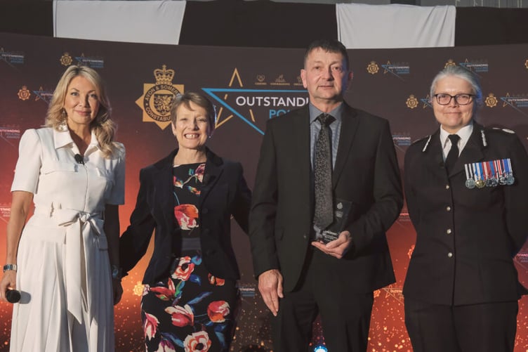 Minehead's Shane Eckley, who received the ‘Police Staff Member of the Year’ award is pictured at the awards evening with (left to right) ITV news presenter Alex Lovell, Police and Crime Commissoner Clare Moody, and Chief Constable Sarah Crew. PHOTO: ASP.