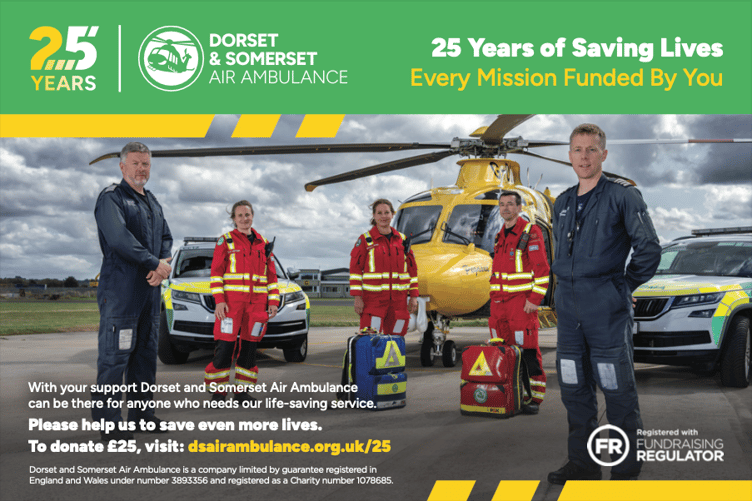 Twenty-five years of the Dorset and Somerset Air Ambulance saving lives. IMAGE: DSAA.