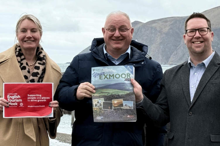 Visit Exmoor chief executive Emma Thomasson and Exmoor National Park Authority enterprise manager Dan James (right), talk about the importance of tourism with North Devon MP Ian Roome. PHOTO: ENPA.
