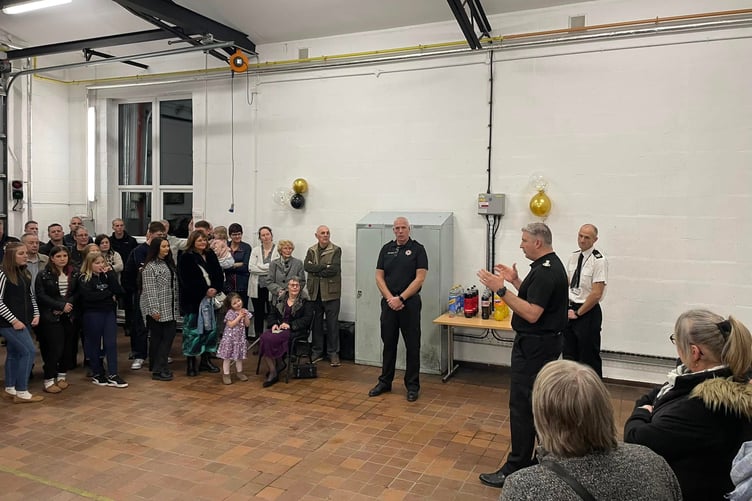 Chief Fire Officer Gavin Ellis addresses a gathering of West Somerset firefighters and family and friends of retiring Nether Stowey watch manager Nick Rich. PHOTO: DSFR.