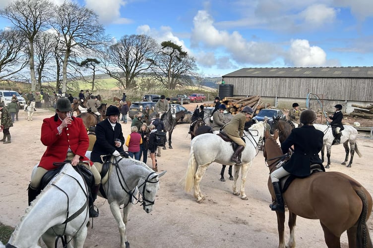 Riders attending a West Somerset Hunt charity breakfast and trail hunt on the Chargot Estate, near Luxborough.