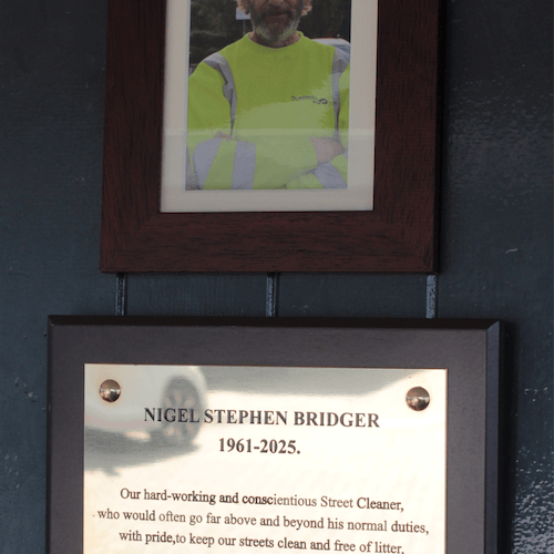 The memorial to late Watchet street cleaner Nigel Bridger. PHOTO: Terry Walker.