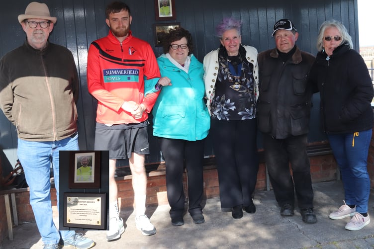 Attending the unveiling of a memorial to the late Nigel Bridger were (left to right) Don Jones, step-son Nigel Bremner, widow Verity Bridger, Watchet Mayor Cllr Loretta Whetlor, idverde work colleague Scott Duffy, and Elizabeth Fletcher whose photograph was used. PHOTO: Terry Walker.