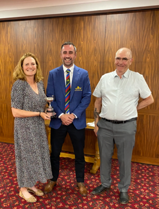 Winners of the Pattemore Cup Mixed Greensomes Competition, centre Richard Goodman club captain, left Kate Foster and  Steve Cross.