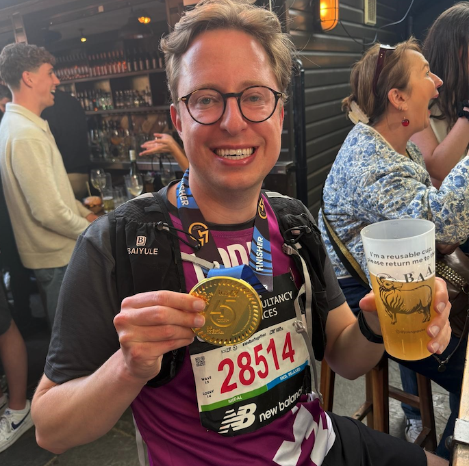 Minehead's Edward Cleere relaxes after running the London Marathon for the National Deaf Children’s Society.