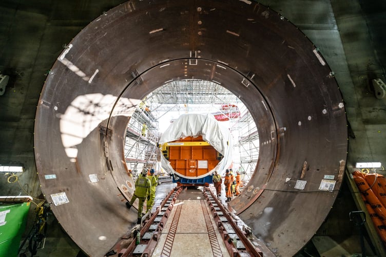 A reactor pressure vessel being installed at Hinkley Point C nuclear power station.