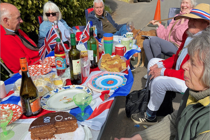 Cutcombe residents enjoy a street party to celebrate the 80th anniversary of VE Day. PHOTO: Leanne Coles.