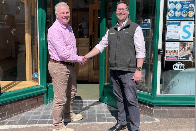 Jewellery maker Ed Martin (left) is welcomed to Dulverton by Exmoor National Park Authority enterprise and communications manager Dan James.