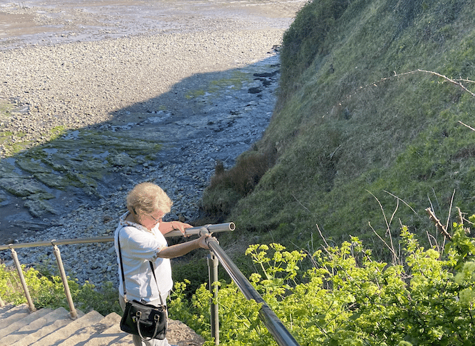 Somerset Cllr Rosemary Woods inspecting coastal erosion in Helwell Bay, between Watchet and Doniford,