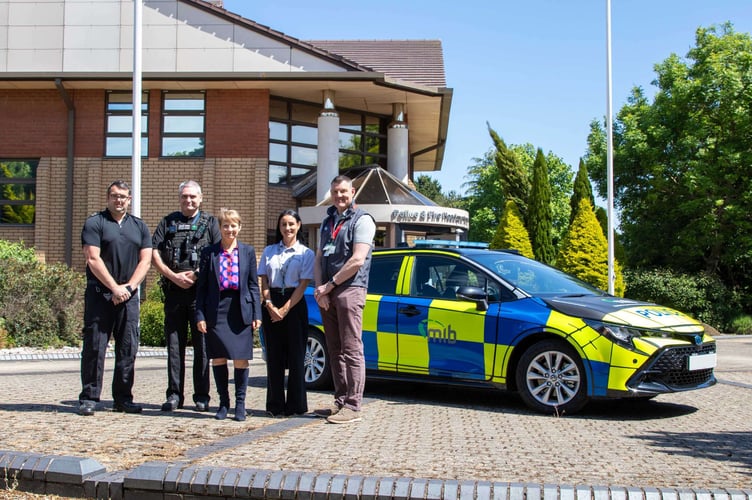 L-R Matt Boiles, Roads Policing Inspector for Avon and Somerset Police, Danny Hopkins, Special Constable for Avon and Somerset Police, Clare Moody, Police and Crime Commissioner for Avon and Somerset, Hayley Sutcliffe, Law Enforcement Liaison Officer at MIB, Paul Farley, National Law Enforcement Manager at MIB