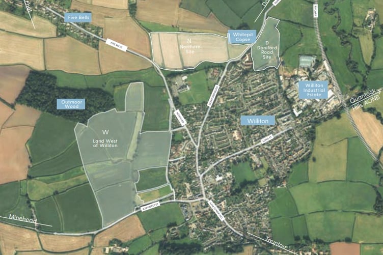 Williton's Priest Road housing development in the shaded area is shown against other local sites. PHOTO: Thrive Architects.