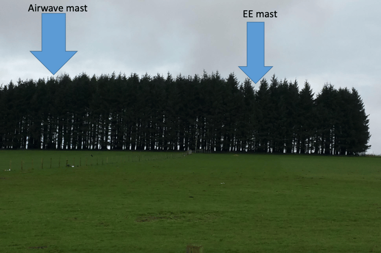An illustration of the location of the two telecoms masts at Warren Farm, near Simonsbath.