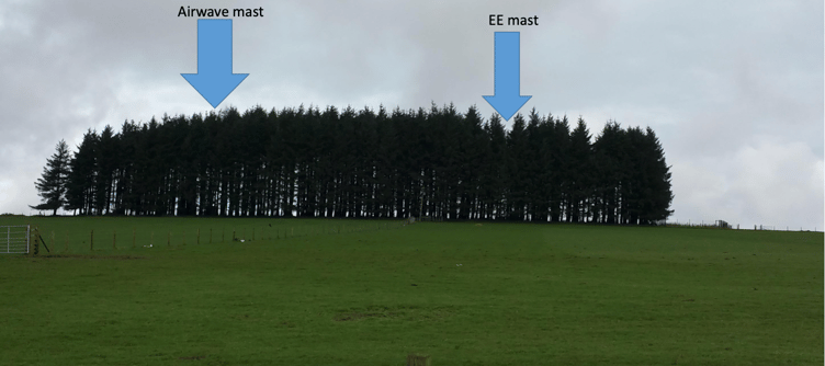 An illustration of the location of the two telecoms masts at Warren Farm, near Simonsbath.