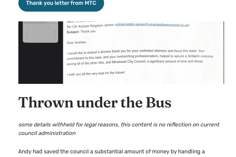 A screenshot of a blog by Mark Kingston-James defending his husband and former Minehead Mayor Andrew Kingston-James.