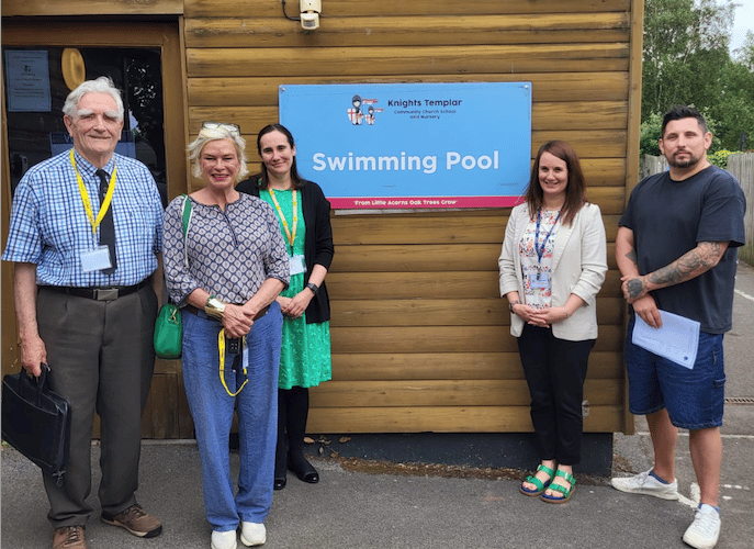 Celebrating Knights Templar School's swimming pool repair fund-raising success are (left to right) pool committee leader Jim Butterworth, MP Rachel Gilmour, school governors vice-chairman Jennifer Thomas, headteacher Laura Weaver, and town Cllr Sean Terrett.