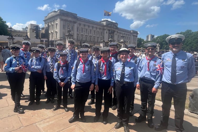 Members of 1st Watchet Sea Scouts Group outside Buckingham Palace, London, during the King's birthday celebrations.