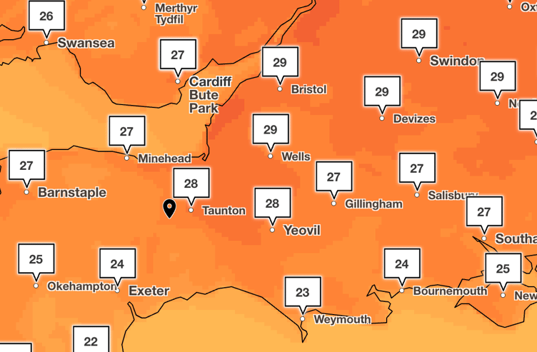 A yellow heat-health alert has been issued for Somerset with temperatures expected to reach 28°C by the weekend. Vulnerable individuals are urged to take precautions.