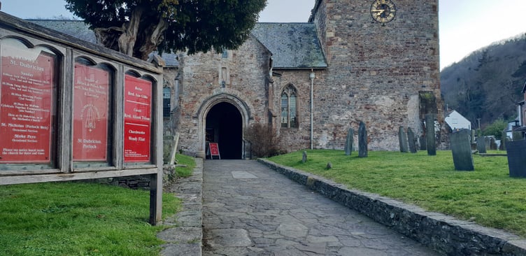 The porch entrance to St Dubriicius Church, Porlock.