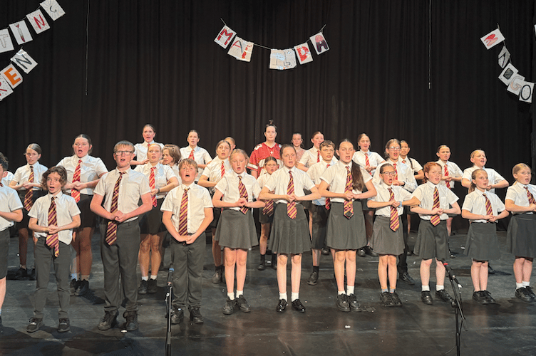 Minehead Middle School pupils on the stage of the Regal  Theatre performing Matilda Jr. PHOTO: MMS.