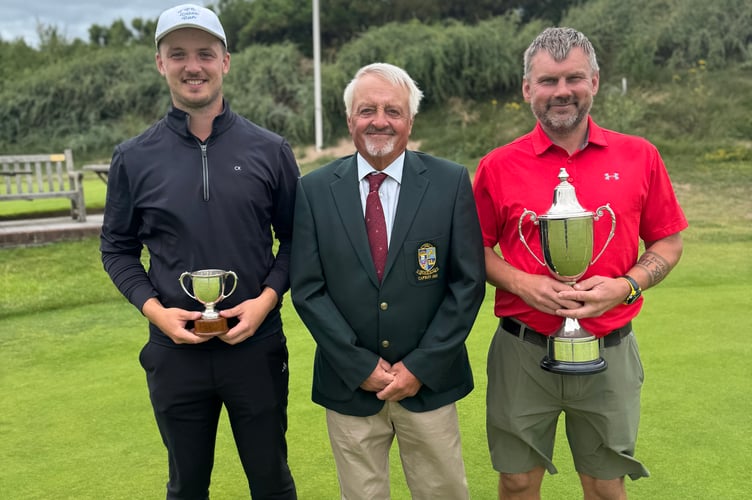 Left: Will Paton (Club Championship winner), centre: Club Captain Doug Hayhoe presenting the trophies, right: Paul Skinner (winner of the nett competition)