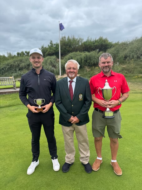 Left: Will Paton (Club Championship winner), centre: Club Captain Doug Hayhoe presenting the trophies, right: Paul Skinner (winner of the nett competition)