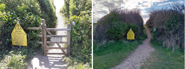 This section of King Charles III England Coast Path near Kilve is pictured with a gate (left) and after its removal leaving walkers with an open winding pathway with no barriers. PHOTO: Somerset Trail Partnership.