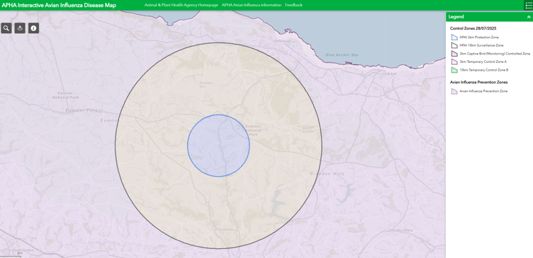 An APHA interactive avian influenza disease map shows protection and surveillance zones imposed on Exmoor.