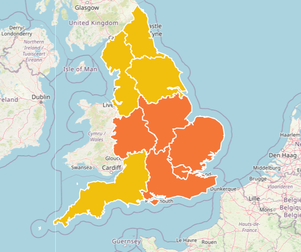 Map of the heat health warnings in place across the UK