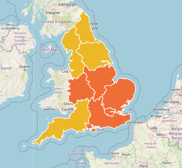 Map of the heat health warnings in place across the UK