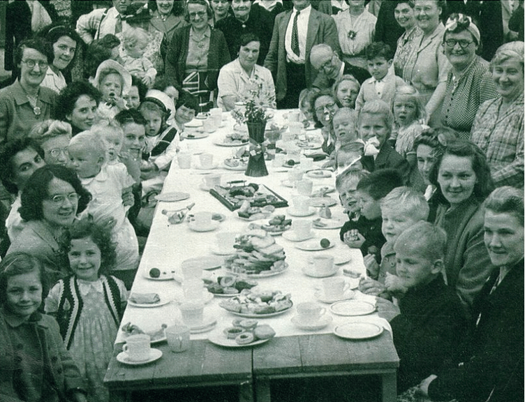 A photograph showing villagers in Dunster in 1945 celebrating the end of the Second World War.