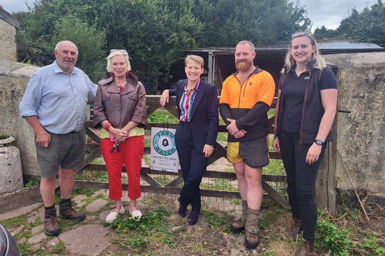 Meeting at Hindon Organic Farm, near Selworthy to discuss rural crime were (left to right) Roger Webber, Rachel Gilmour, Clare Moody, Chris Webber, and Emily Martin.