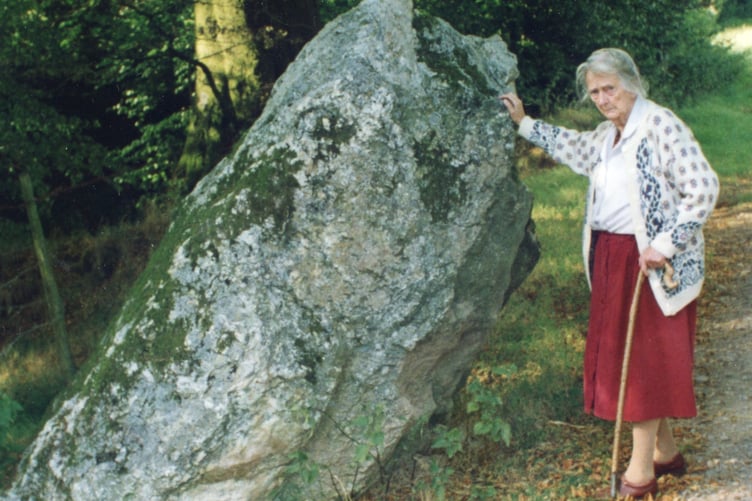 The late Exmoor amateur archaeologist Hazel Eardley Wilmot at Dunn's Stone.