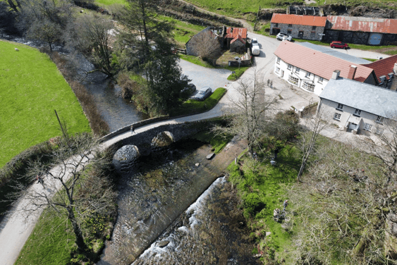 An aerial view of the Doone Valley Gallery, Malmsmead.