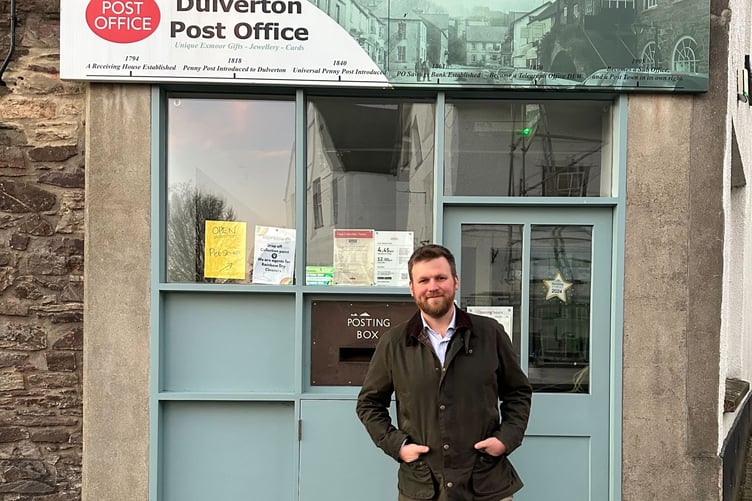 Campaigner and Exmoor farmer James Wright outside Dulverton Post Office, which he says is an example of a well-run local branch that needs protecting from Labour's planned cuts.