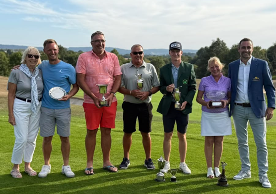 Oake championship  winners, left to right, Daphne Priddy Ladies Captain, Kevin Gratton winner of Barbara Sadler Plate, Paul Rich Nett Champion, Michael Bright Over 55 Champion, Freddie Eglin Club Champion, Jane Clist Ladies Gross and Nett Champion and Richard Goodman Club Captain.
