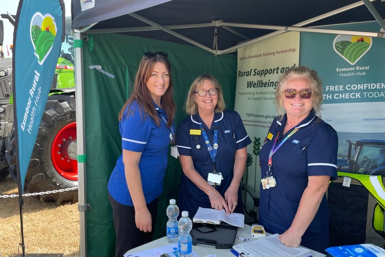 Exmoor Rural Health Hub nurses (left to right) Katie Boyles, Cheryl Richards, and Amanda Usher, who attended Dunster Show and screened more than 30 people for blood pressure and blood sugar and carried out abnormal skin lesion checks.