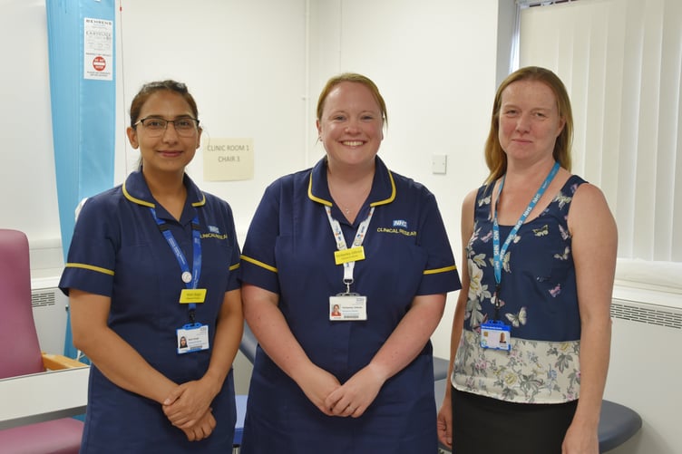 Musgrove Park Hospital clinicians involved in a trial treatment for Parkinson’s patients with psychosis are (left to right) research nurses Nishi Singh and Kimberley Gillman, care of the elderly consultant physician Dr Anita Goff.