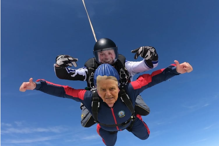 Stogumber octogenarian Tom Veysey in training for a tandem parachute jump to raise funds for the villages community shop.