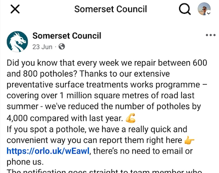 Somerset Council's social media claim on filling potholes.