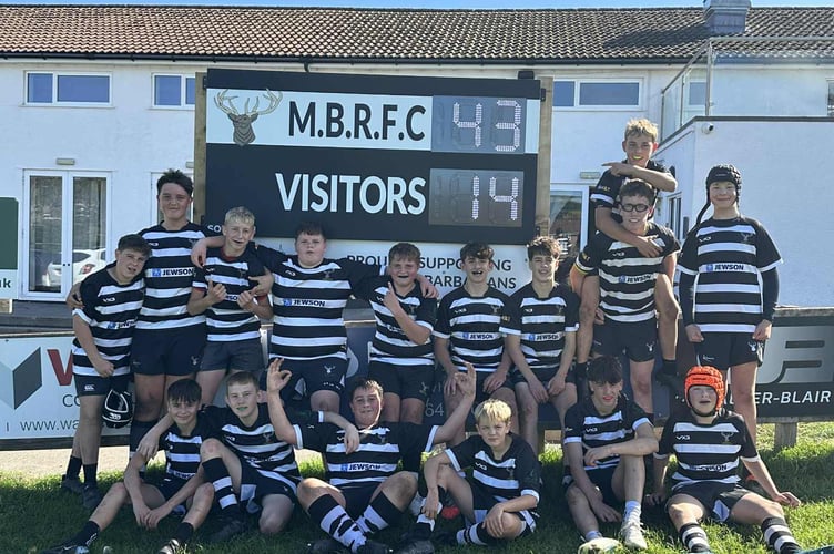 Minehead Barbarians U14s, back left to right: Ferdy Menon, Jasper Mayhew, Max Atkins, Harry Blackshaw, Finlay Penny, Ed White, Arthur Gell, Harry Tucker, Billy Haller, Reggie Harris; front: Freddie Bishop, Lewis Summersgill, Tom Ellicott, Olly Hardick, Jesse Bruce, Alfie Harris