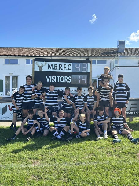 Minehead Barbarians U14s, back left to right: Ferdy Menon, Jasper Mayhew, Max Atkins, Harry Blackshaw, Finlay Penny, Ed White, Arthur Gell, Harry Tucker, Billy Haller, Reggie Harris; front: Freddie Bishop, Lewis Summersgill, Tom Ellicott, Olly Hardick, Jesse Bruce, Alfie Harris