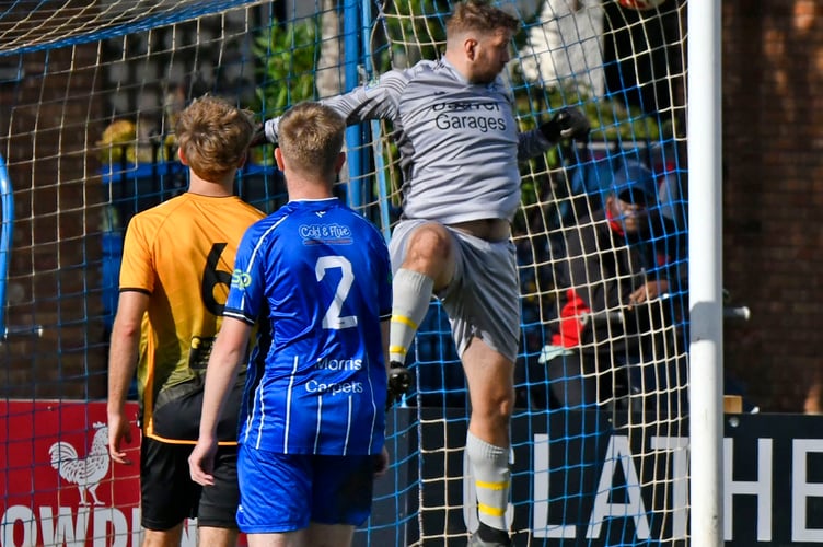 Minehead goalkeeper Greg Turner who clipped the Burnham United crossbar in the second half